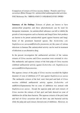 Comparison of Extracts of Citrus Maxima (Indian Pomelo) and Citrus Aurantium (Bitter Orange) for Antimicrobial Andmosquitocid