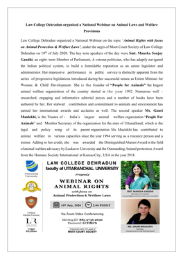 Animal Rights with Focus on Animal Protection & Welfare Laws’, Under the Aegis of Moot Court Society of Law College Dehradun on 10Th of July 2020