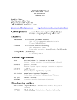 Curriculum Vitae! Jon Nissenbaum� ! February, 2014� Brooklyn College� City University of New York� Dept