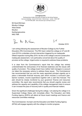 Letter to Moulton College Chair