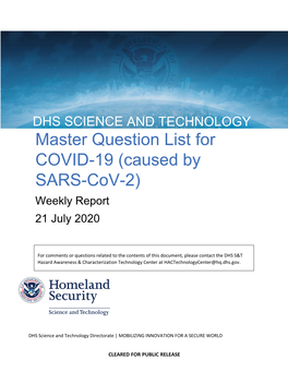 Master Question List for COVID-19 (Caused by SARS-Cov-2) Weekly Report 21 July 2020