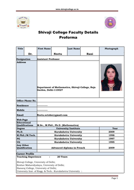 Shivaji College Faculty Details Proforma