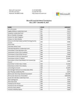 Microsoft Corporate Political Contributions July 1, 2017 – December 31, 2017 NAME STATE AMOUNT All in for Lynne WA $500 Angela