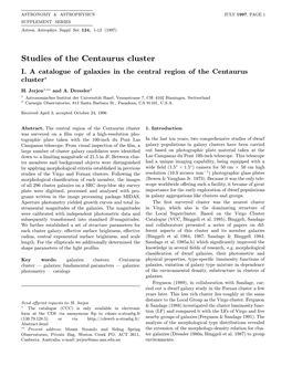 Studies of the Centaurus Cluster I