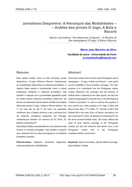 Jornalismo Desportivo: a Hierarquia Das Modalidades – – Análise Dos Jornais O Jogo, a Bola E Record