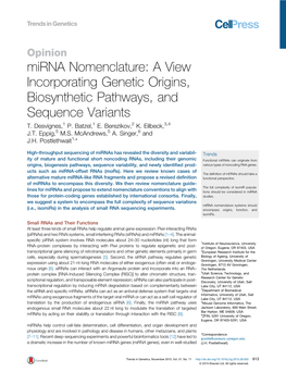 Mirna Nomenclature: a View Incorporating Genetic Origins, Biosynthetic Pathways, and Sequence Variants