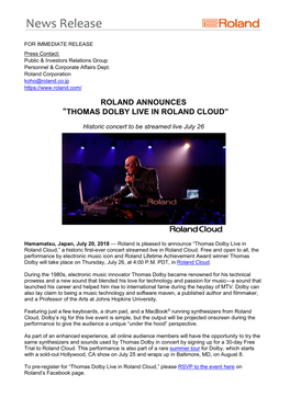 Roland Announces “Thomas Dolby Live in Roland Cloud”