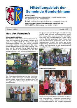 Mitteilungsblatt Der Gemeinde Genderkingen, Seite 2 August 2015