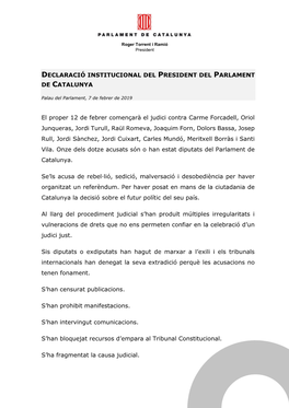 Declaració Institucional Del President Del Parlament De Catalunya