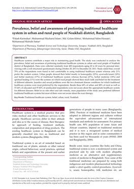 Prevalence, Belief and Awareness of Preferring Traditional Healthcare System in Urban and Rural People of Noakhali District, Bangladesh