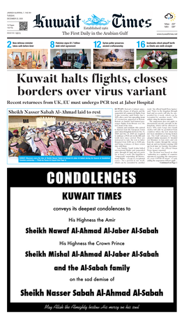 Kuwait Halts Flights, Closes Borders Over Virus Variant Recent Returnees from UK, EU Must Undergo PCR Test at Jaber Hospital