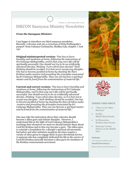 ISKCON Sannyasa Ministry Newsletter