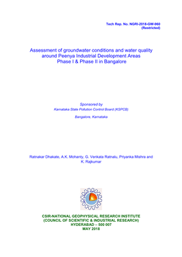 Assessment of Groundwater Conditions and Water Quality Around Peenya Industrial Development Areas Phase I & Phase II in Bangalore