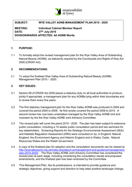 Wye Valley Aonb Management Plan 2015 - 2020