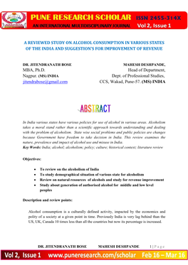 A Reviewed Study on Alcohol Consumption in Various States of the India and Suggestion’S for Improvement of Revenue