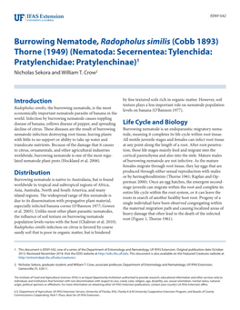 Burrowing Nematode, Radopholus Similis (Cobb 1893) Thorne (1949) (Nematoda: Secernentea: Tylenchida: Pratylenchidae: Pratylenchinae)1 Nicholas Sekora and William T