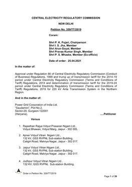 CENTRAL ELECTRICITY REGULATORY COMMISSION NEW DELHI Petition No. 359/TT/2019 Coram: Shri P. K. Pujari, Chairperson Shri I. S. Jh