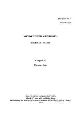 ARCHIVE of AUSTRALIAN JUDAICA HOLDINGS 1983–2010 Compiled