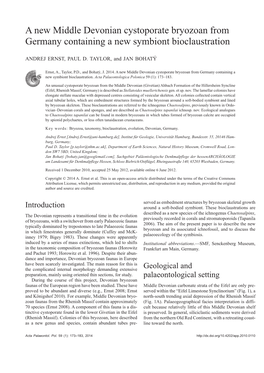 A New Middle Devonian Cystoporate Bryozoan from Germany Containing a New Symbiont Bioclaustration