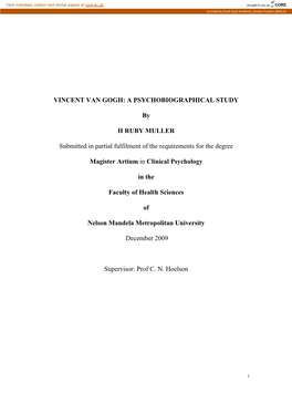 Vincent Van Gogh: a Psychobiographical Study