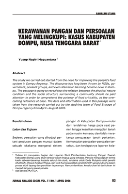 Kerawanan Pangan Dan Persoalan Yang Melingkupi: Kasus Kabupaten Dompu, Nusa Tenggara Barat 1