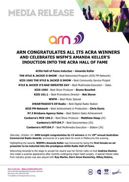 Arn Congratulates All Its Acra Winners and Celebrates Wsfm’S Amanda Keller’S Induction Into the Acra Hall of Fame