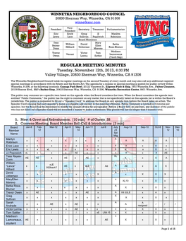 REGULAR MEETING MINUTES Tuesday, November 12Th, 2013, 6:30 PM Valley Village, 20830 Sherman Way, Winnetka, CA 91306