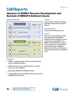 Absence of SARM1 Rescues Development and Survival of NMNAT2-Deﬁcient Axons