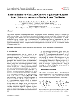 Efficient Isolation of an Anti-Cancer Sesquiterpene Lactone from Calomeria Amaranthoides by Steam Distillation