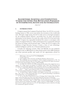 ALGORITHMIC AUDITING and COMPETITION UNDER the CFAA: the REVOCATION PARADIGM of INTERPRETING ACCESS and AUTHORIZATION Annie Lee†