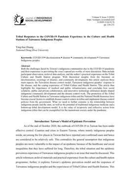 Tribal Responses to the COVID-19 Pandemic Experience in the Culture and Health Restationssearc Hof Ctaiwaneseontexts Indigenous: an Eme Rpeoplesgent N Arrative