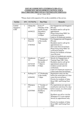 LIST of COMMUNITY CENTRES/CLUBS (Ccs) / COMMUNITY DEVELOPMENT COUNCIL (Cdcs) THAT PROVIDE FREE LEGAL COUNSELLING SERVICES (As at 1 June 2019)