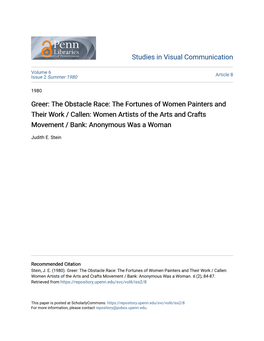 Greer: the Obstacle Race: the Fortunes of Women Painters and Their Work / Callen: Women Artists of the Arts and Crafts Movement / Bank: Anonymous Was a Woman