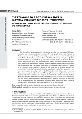 The Economic Role of the Drava River in Slovenia: from Navigation to Hydropower Gospodarska Uloga Rijeke Drave U Sloveniji: Od Plovidbe Do Hidroenergije