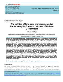 The Politics of Language and Representative Bureaucracy in Ethiopia: the Case of Federal Government