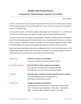 Single Vote Proportional Proposal for a New Election System for Canada