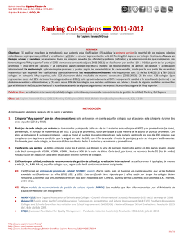 Ranking Col-Sapiens 2011-2012 Clasificación De Colegios Colombianos Según Puntaje, Calidad Y Acreditación Por Sapiens Research Group