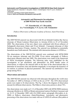 Astrometric and Photometric Investigations of 2009 WZ104 Near Earth Asteroid Sergey Karashevich, Alexander V