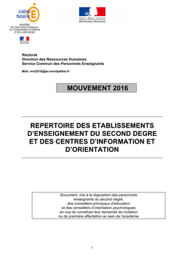 Mouvement 2016 Repertoire Des Etablissements D'enseignement Du Second Degre Et Des Centres D'information Et D'orientation