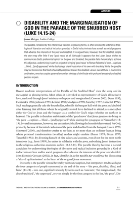 DISABILITY and the MARGINALISATION of GOD in the PARABLE of the SNUBBED HOST (LUKE 14.15-24) James Metzger, Luther College