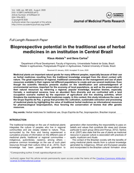 Bioprospective Potential in the Traditional Use of Herbal Medicines in an Institution in Central Brazil