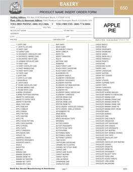 Order Form | Bakery Product Name Inserts (650) | South Bay Abrams