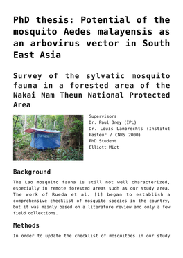 Phd Thesis: Potential of the Mosquito Aedes Malayensis As an Arbovirus Vector in South East Asia