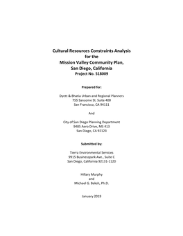 Cultural Resources Constraints Analysis for the Mission Valley Community Plan, San Diego, California Project No