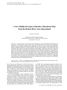 A New Middle Devonian Arthrodire (Placoderm Fish) from the Broken River Area, Queensland