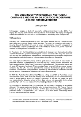 The Cole Inquiry Into Certain Australian Companies and the Un Oil for Food Programme: Lessons for Government