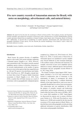 Five New Country Records of Amazonian Anurans for Brazil, with Notes on Morphology, Advertisement Calls, and Natural History