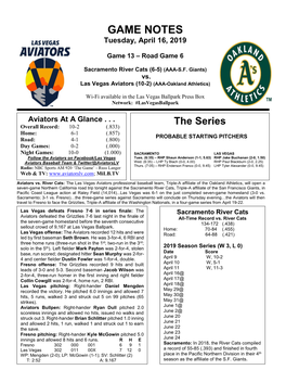 GAME NOTES Tuesday, April 16, 2019
