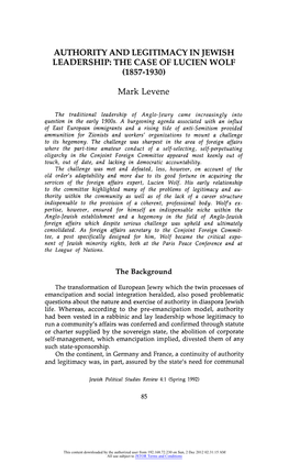 Authority and Legitimacy in Jewish Leadership: the Case of Lucien Wolf (1857-1930)