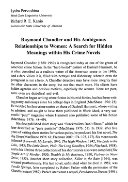 Raymond Chandler and His Ambiguous Relationships to Women: a Search for Hidden Meanings Within His Crime Novels